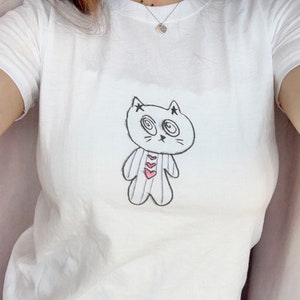 Baby tee Heart pajama lazy eyed kitty cat baby tee  handmade/hand-drawn white baby t-shirt - Y2K,