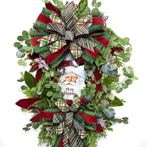 Santa Christmas Wreath: Red Green Plaid, Farmhouse Holiday Decor