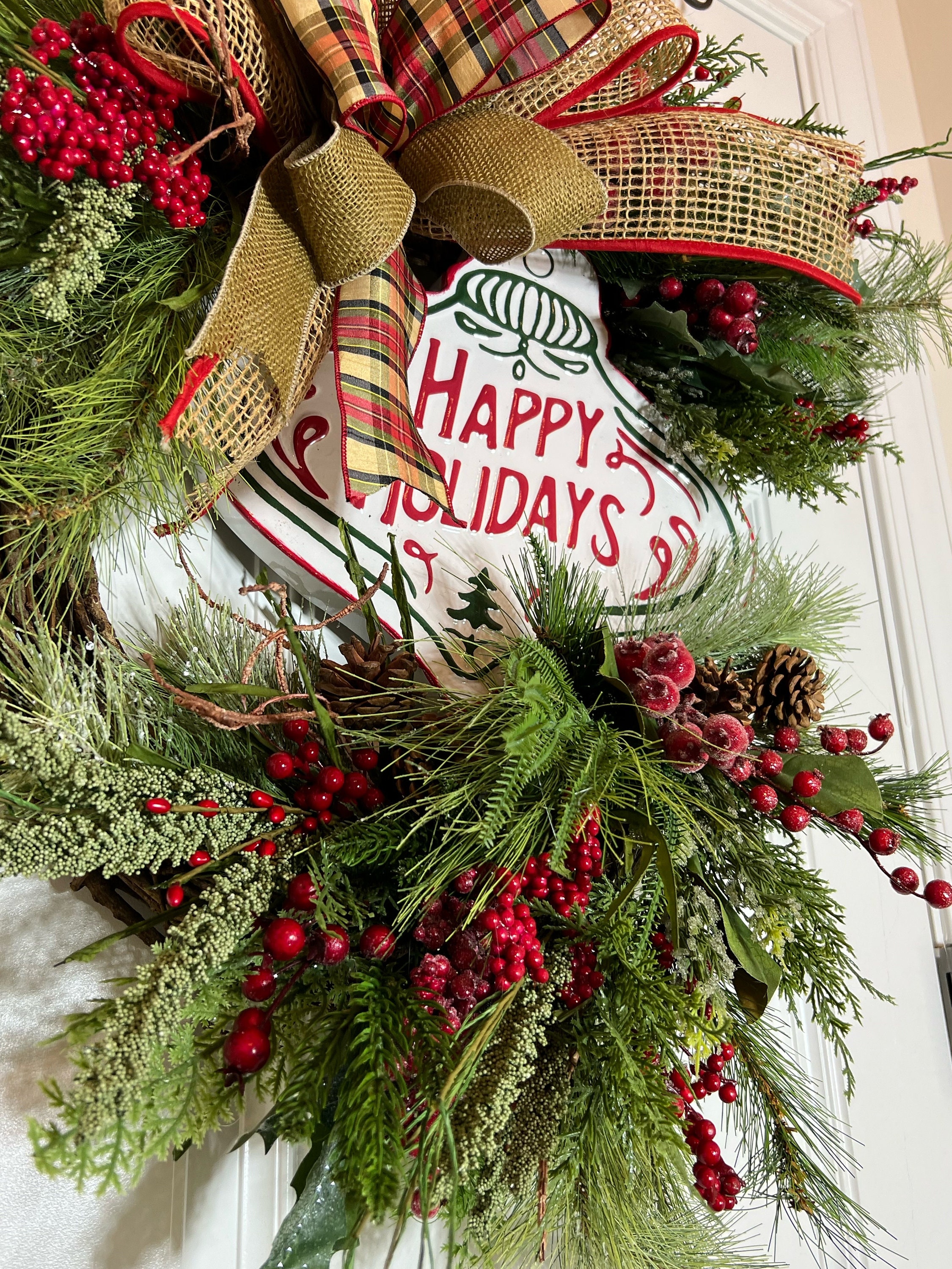 Happy Holidays Grapevine Wreath: Rustic Christmas Front Door Decor