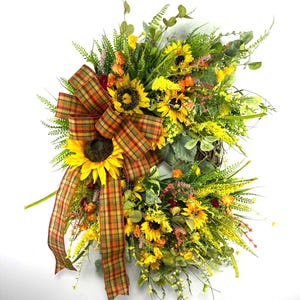 Sunflower Fall Wreath with Plaid Bow, Rustic Autumn Door Decor, Harvest Grapevine Wreath, Front Porch Sunflower Wreath