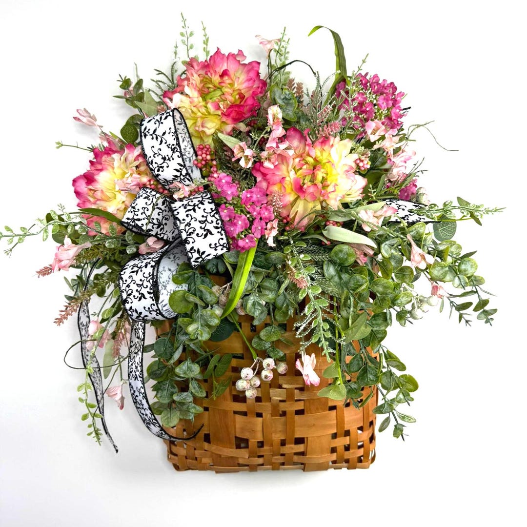 Floral Door Basket Pink Dahlia Farmhouse, Woven Basket Spring Summer ...