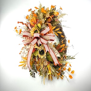 Handmade Fall Sunflower Wreath: Orange Florals, Grapevine Base