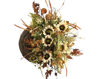 Rustic Sunflower Fall Wreath for Door, Farmhouse Autumn Grapevine Home Decor