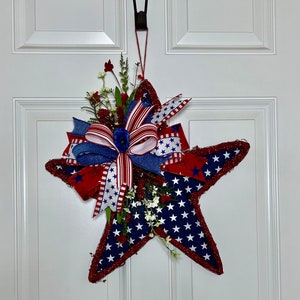 Red White Blue Star Grapevine Door Hanger , Patriotic Star Front Door Wreath , Patriotic Star grapevine Decor image 10