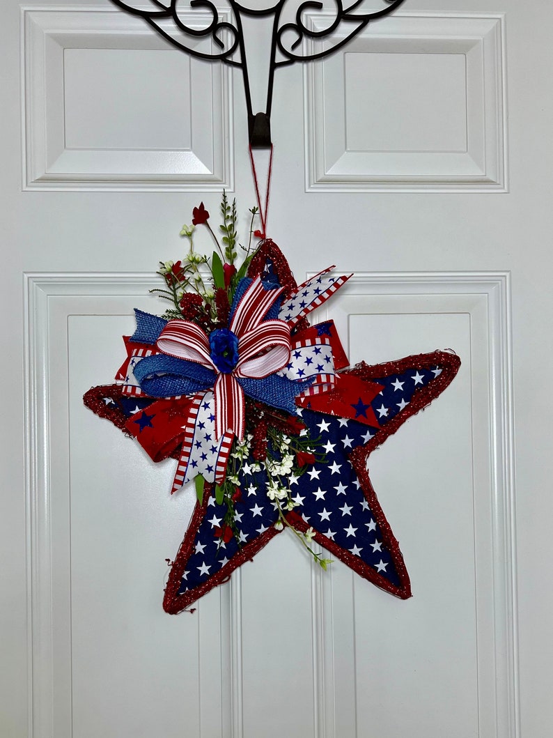 Red White Blue Star Grapevine Door Hanger , Patriotic Star Front Door Wreath , Patriotic Star grapevine Decor image 10