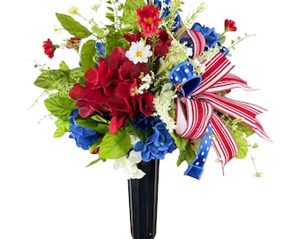 Patriotic Cemetery Spike Floral Arrangement, Red White Blue Grave Decoration