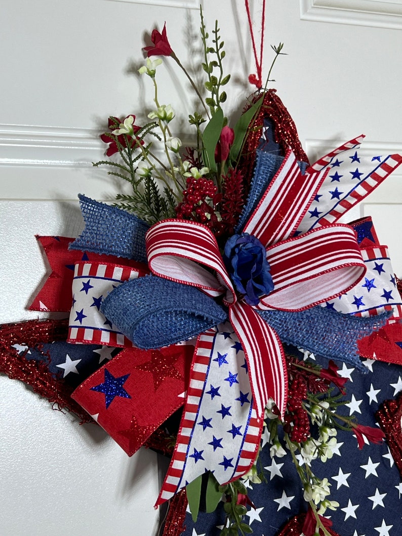 Red White Blue Star Grapevine Door Hanger , Patriotic Star Front Door Wreath , Patriotic Star grapevine Decor image 5