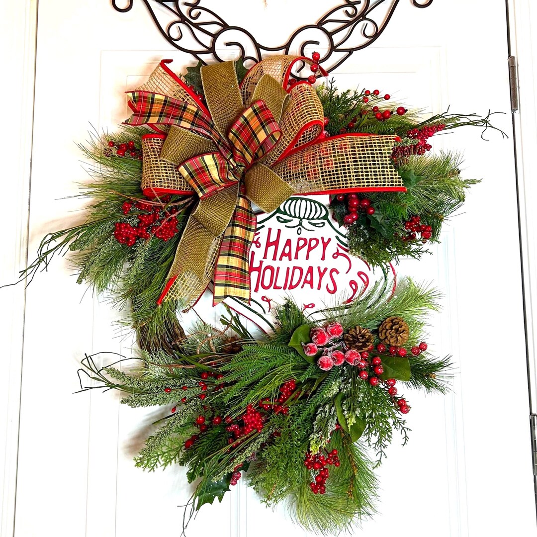 クリスマス HAPPY HOLIDAYS WREATH LARGE Happy Holidays Grapevine Wreath: Rustic Christmas Front Door Decor