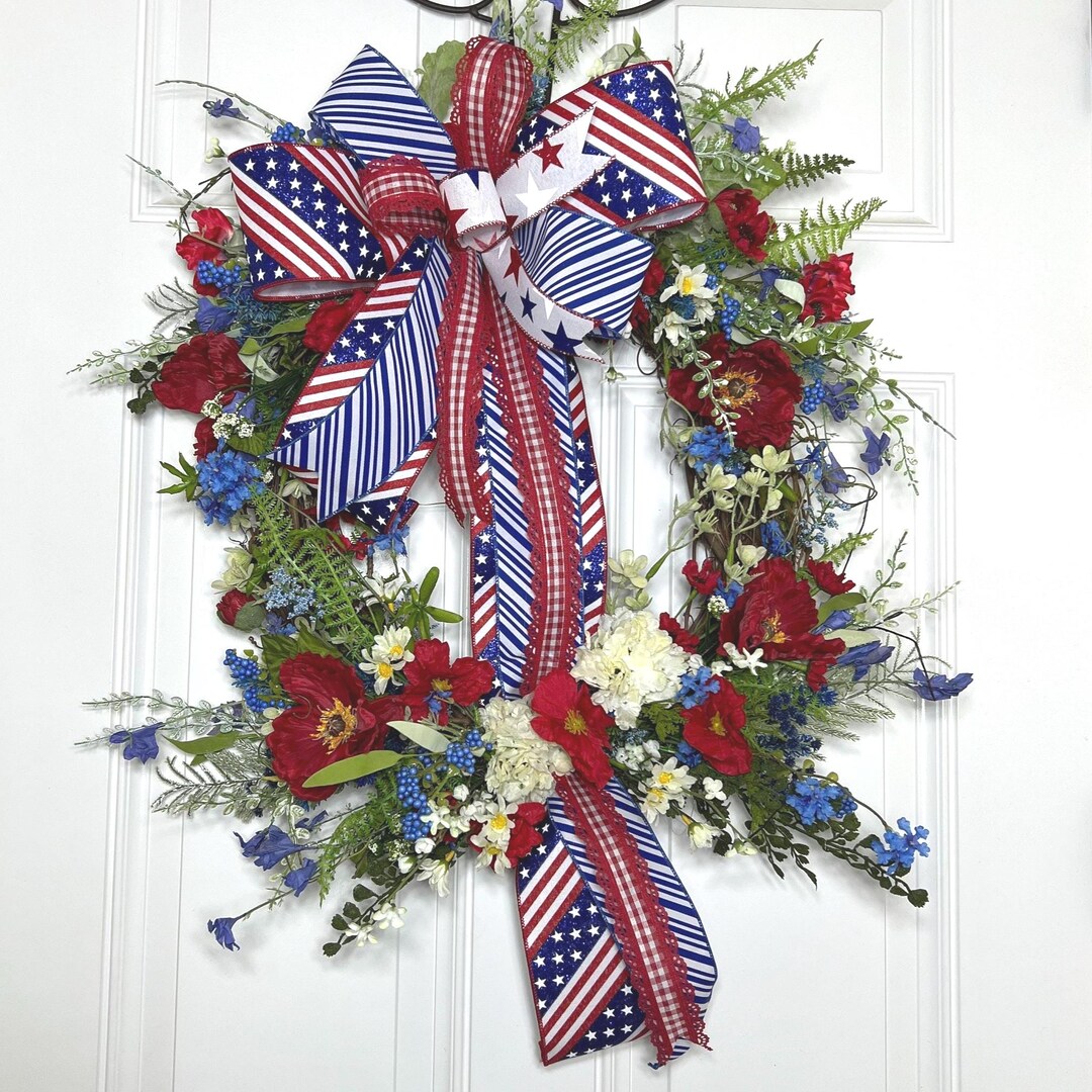 Patriotic Grapevine Wreath: American Flag Ribbon, Red White Blue Floral ...
