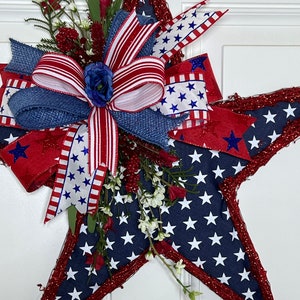 Red White Blue Star Grapevine Door Hanger , Patriotic Star Front Door Wreath , Patriotic Star grapevine Decor image 7
