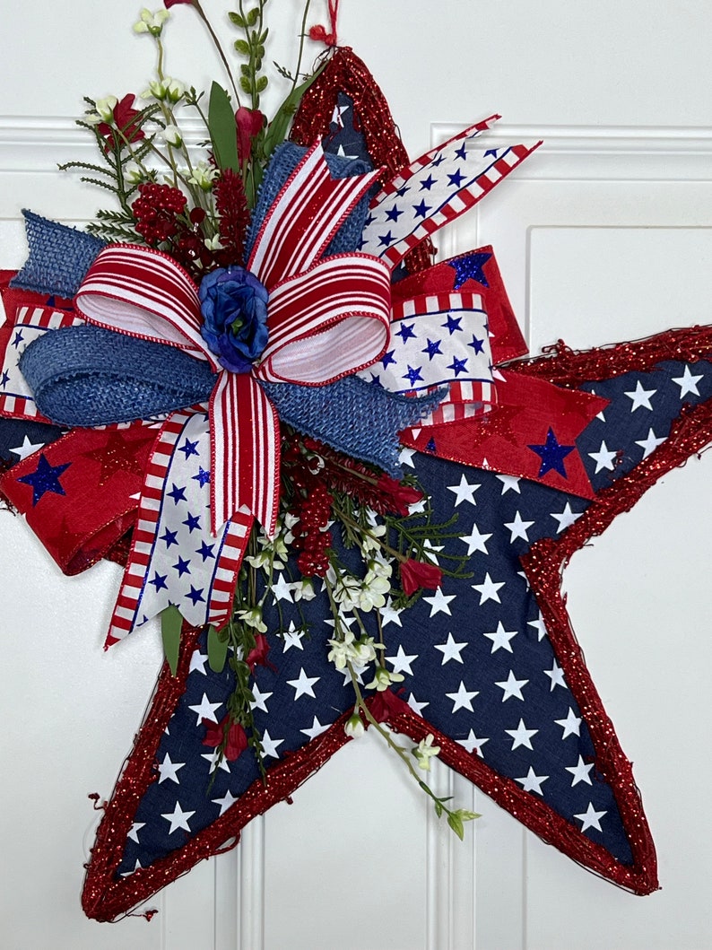 Red White Blue Star Grapevine Door Hanger , Patriotic Star Front Door Wreath , Patriotic Star grapevine Decor image 7