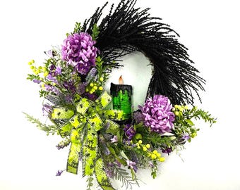 Halloween Front Door Wreath, Purple and Green Halloween Decor, Witch Candle Wreath, Spooky Front Door Wreath,  Gothic Halloween Wreath