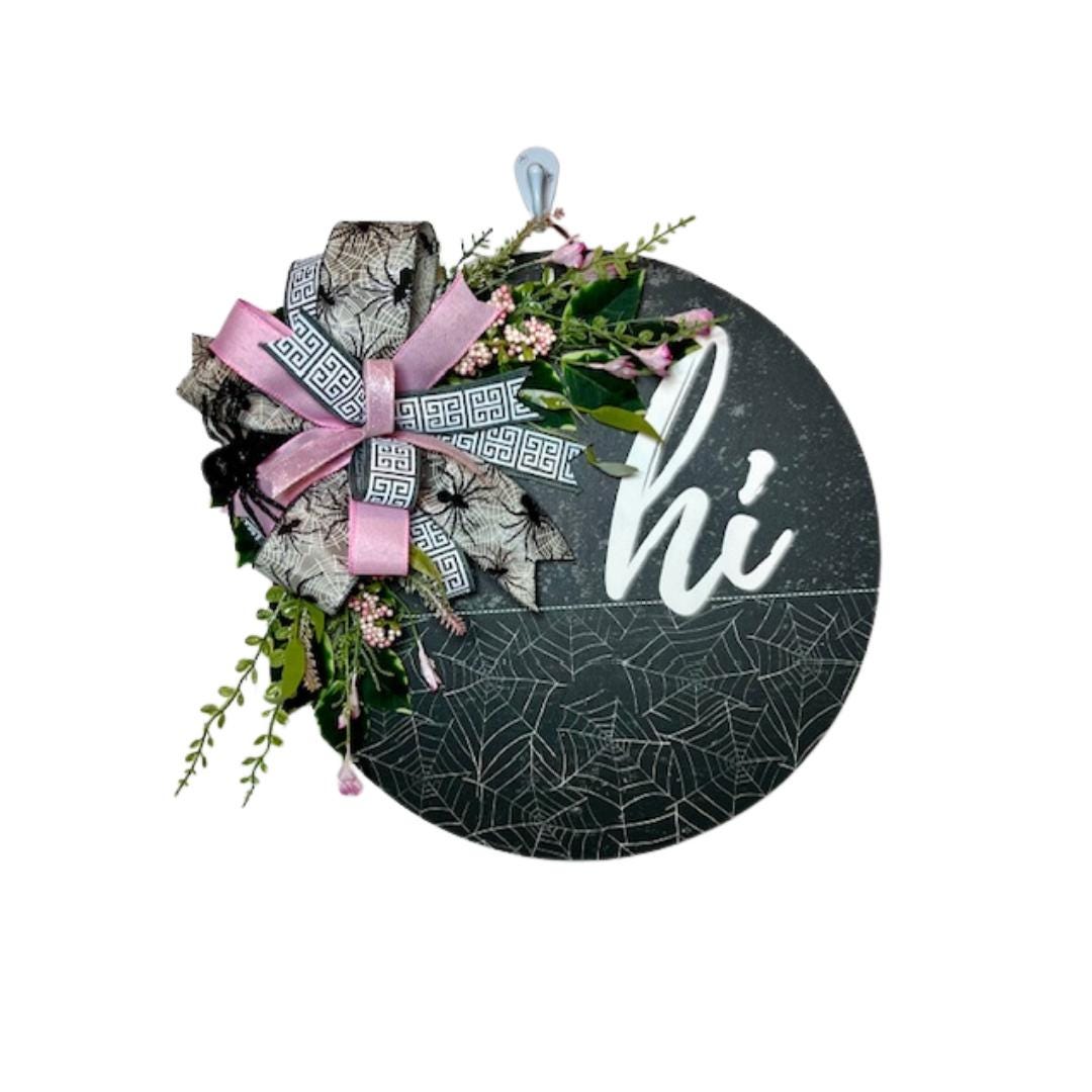 Floral Halloween Wreath: Pink & Green Spider Web 'Hi' Door Hanger