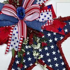 Red White Blue Star Grapevine Door Hanger , Patriotic Star Front Door Wreath , Patriotic Star grapevine Decor image 2