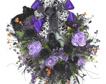 Raven Wreath Gothic Halloween Decor | Black Feather Crow Wreath | Dark Raven Front Door Decoration | Spooky Fall Door Hanger