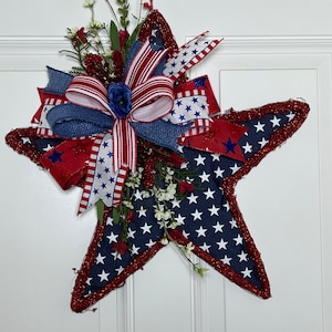 Red White Blue Star Grapevine Door Hanger , Patriotic Star Front Door Wreath , Patriotic Star grapevine Decor image 1