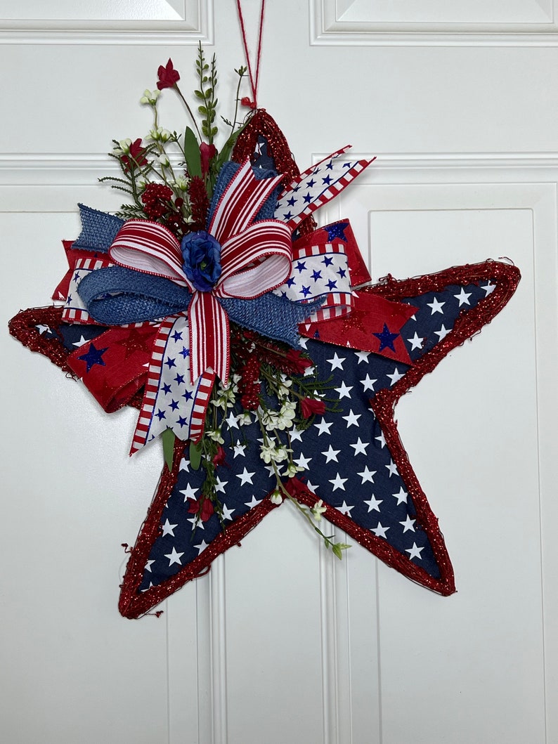 Red White Blue Star Grapevine Door Hanger , Patriotic Star Front Door Wreath , Patriotic Star grapevine Decor image 1