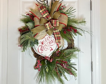 Merry Christmas Wreath, Christmas Front Door wreath, Country Christmas Grapevine Wreath, Christmas Wall Decor,