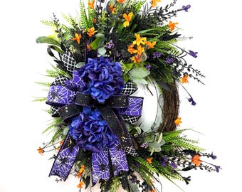 Halloween Spider Web Wreath: Gothic Purple Orange Front Door Decor