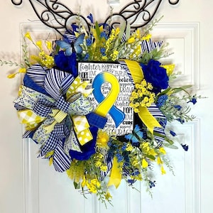 Down Syndrome Awareness Wreath: Blue & Yellow Ribbon Door Decor