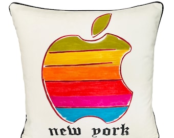 New York Big Apple Colorful Hand Painted Velvet Fabric Throw Pillow