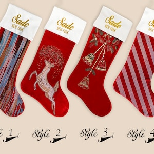 Personalized Christmas Stockings, Red Velvet, Customized with Metallic Thread Embroidery, Rhinestones and Crystals. Handmade Holiday Decor