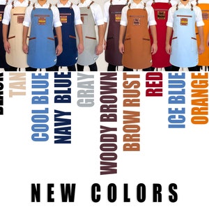 Canvas apron color options with leather straps, adjustable fit and personalized name tag details