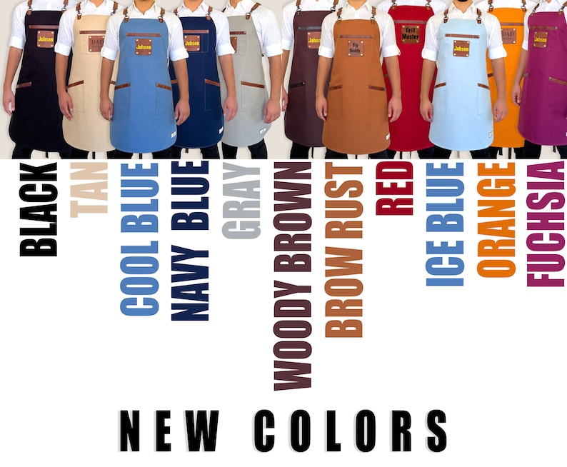 Canvas apron color options with leather straps, adjustable fit and personalized name tag details