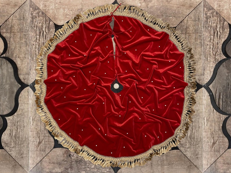 Embroidered Christmas Tree Skirt Red Velvet Gold Tassel Can Etsy