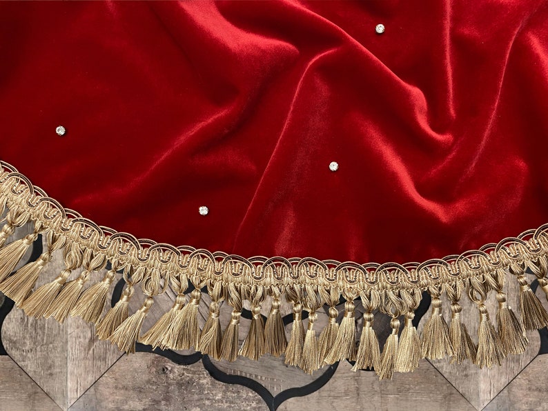 Embroidered Christmas Tree Skirt Red Velvet Gold Tassel Can Etsy