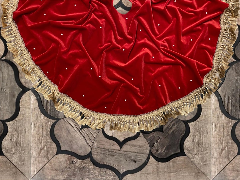 Embroidered Christmas Tree Skirt Red Velvet Gold Tassel Can Etsy