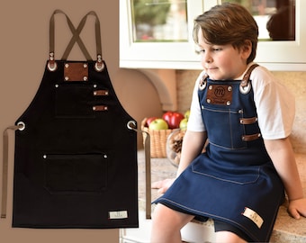 Personalized Kids Apron, Cross-Back, Leather Tag, Cotton Canvas Handmade, Matching Daddy Mom Son and Daughter Chef Aprons. Ready to Ship