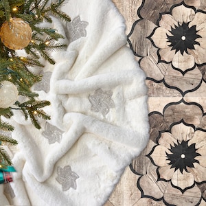 Faux Fur Christmas Tree Skirt, Name Embroidery Luxuries Holiday Decor, Plush Fur Adorned with Crystal Snowflakes, Same Day Shipping