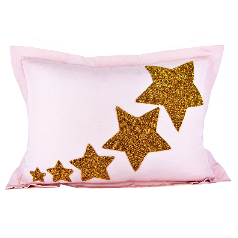 Gold Crystal Valentine/'s Day Decor Bead Embroidery Lumbar Pillow Hand Beaded Stars on Pink Cotton Fabric