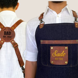 Denim Apron, Leather Cross-Back Adjustable Straps High-Quality, Comfortable and Durable, Towel Ring, Name Tag, Brass Hardware, Personalized