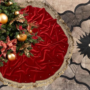 Embroidered Christmas Tree Skirt Red Velvet Gold Tassel  | Can be Personalized | Stud Crystals on it | Luxury Holiday Home Decor, Made in NY