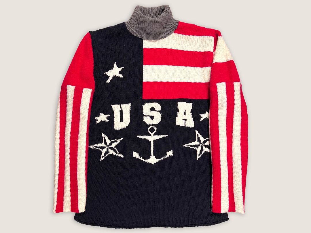 Hand Knit American Flag Sweater Super Fine Merino Wool Etsy