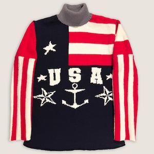 Hand Knit American Flag Sweater, Super Fine Merino Wool, Personalize Name or Initial, Tailored Comfort Sweaters, Handmade in New York