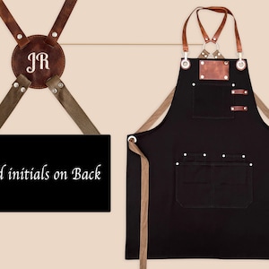 Custom logo apron for men and women with personalized embroidery name tags. Cotton canvas with cross-back leather straps and towel ring. image 2