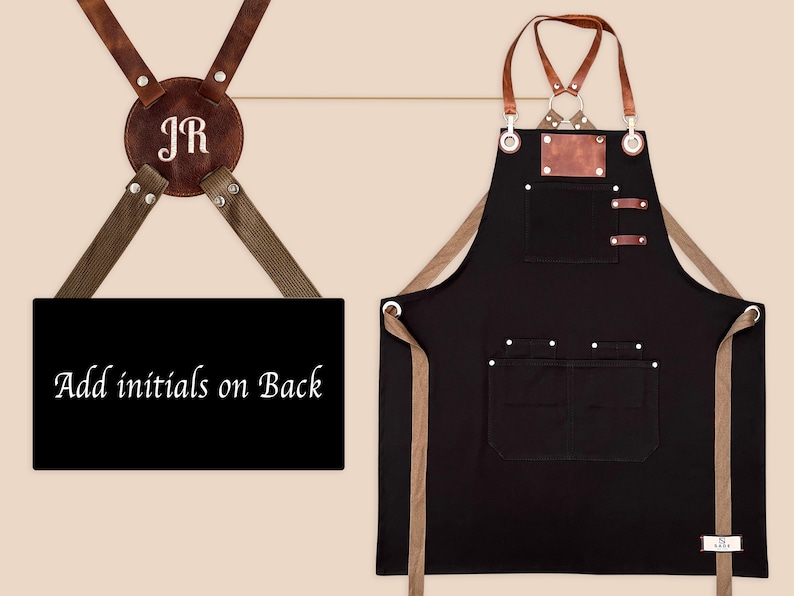 Custom logo apron for men and women with personalized embroidery name tags. Cotton canvas with cross-back leather straps and towel ring. image 2