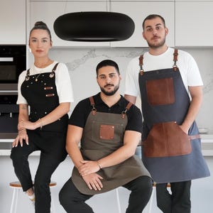 Personalized Apron for Men and Women - Adjustable Canvas Apron with Leather Pockets, Towel Holder, Cross-Back Straps - Customizable Workwear