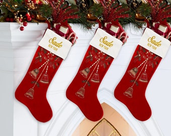 Personalized Christmas Stockings Customized Red Velvet Rhinestones and Stud Crystals, Gold Embroidery Custom Family Name, Luxury Home Decor