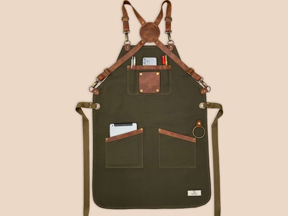 Personalized Apron High Quality Materials & Workmanship, Leather Strap with Solid Brass Hardware Cotton Canvas With Pockets and Towel Ring