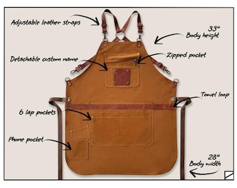 Tablier personnalisé avec 12 poches, nom personnalisé brodé sur toile de coton, bordure en cuir et bretelles croisées dans le dos - Tablier de travail ou de cuisine unisexe
