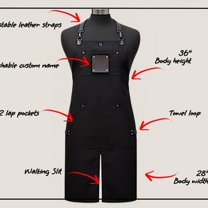 May include: Black apron with adjustable leather straps, a detachable custom name plate, and two lap pockets. Features a towel loop and a walking slit. Body height is 36 inches, and body width is 28 inches.