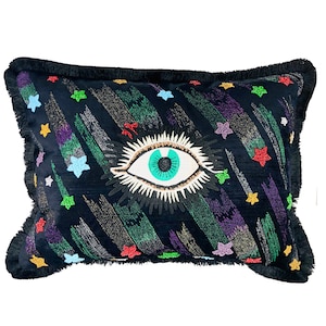 Evil Eye Embroidery Throw Pillow, Luxury Lumbar Black Velvet Cushion with Fringe, Handmade in New York