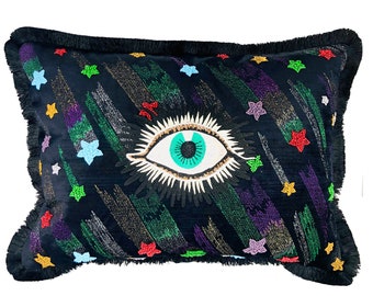 Evil Eye Embroidery Throw Pillow, Luxury Lumbar Black Velvet Cushion with Fringe, Handmade in New York