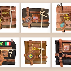 Rolled custom canvas aprons with leather straps, personalized name tags and handmade finish