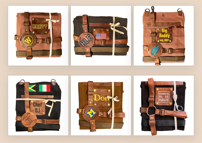 Rolled custom canvas aprons with leather straps, personalized name tags and handmade finish