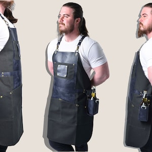 May include: A black and blue apron with multiple pockets and leather accents. The apron has a neck strap and waist straps. A small pocket on the side holds a bottle and a bottle opener. The apron is designed for utility.